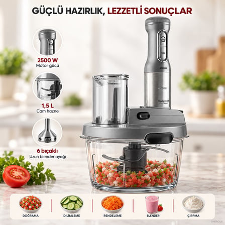 Karaca 8 In 1 Mastermaid Prosteel Cam Hazneli 6 Bıçaklı Uzun Blender Ayaklı Mutfak Robotu 2500 W