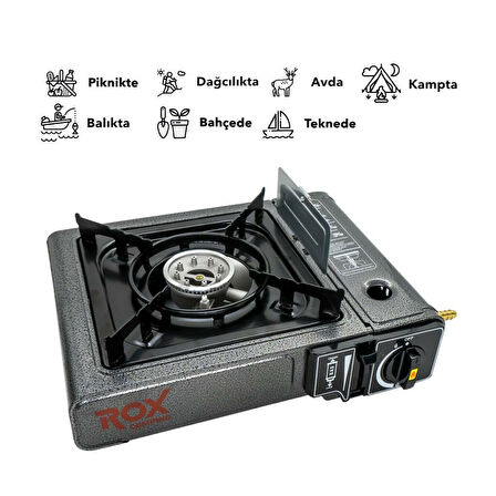 Rox Camping 0103 Tekli Portatif Kamp Ocak Rüzgarlıklı(Ekstra Gaz Girişli) - 3 Adet Rox Valfli Kamp Gazı Kartuş 227gr Hediyeli