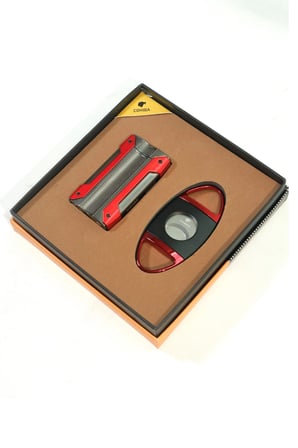 Cohiba Tek Torch Kırmızı Gunmetal Çakmak Kırmızı Siyah Kesici İkili Puro Seti TR9836