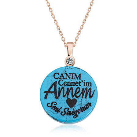 ​Gümüş Turkuaz Taşlı Annem Yazılı Kadın Kolye