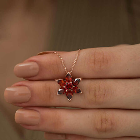 Gümüş Kırmızı Çiçek Kolye