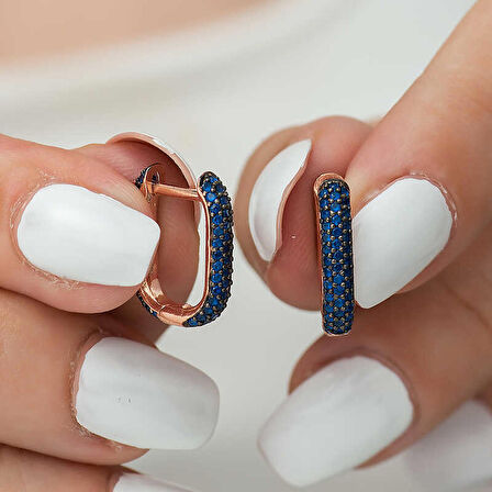 Gümüş Çift Taraflı Lacivert Taşlı J Kadın Küpe