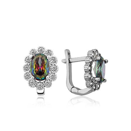 Gümüş Mistik Topaz Çiçek Desenli J Kadın Küpe
