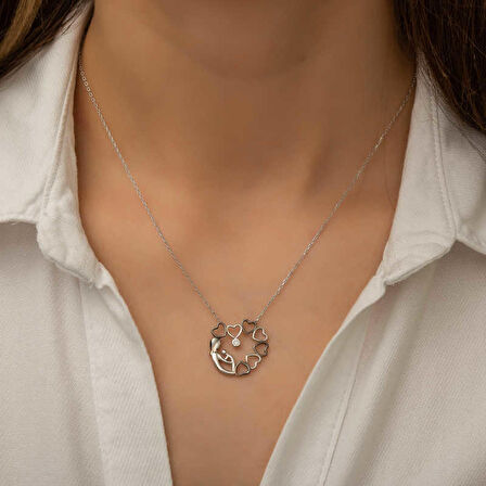 Gümüş Kalp Çemberi Anne Çocuk Kadın Kolye