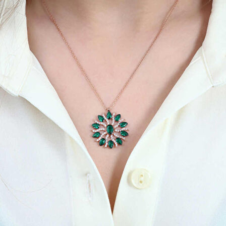 Gümüş Yeşil Güneş Kadın Kolye