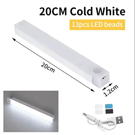  20 CM BEYAZ IŞIK HAREKET SENSÖRLÜ DOLAP İÇİ ÇALIŞMA MASASI MUTFAK TEZGAH ALTI USB LED IŞIK