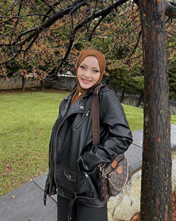 Mero Life Kadın Siyah Oversize Içi Kürklü Kemerli Biker Deri Ceket