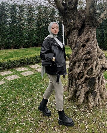 Mero Life Kadın Siyah Oversize Içi Kürklü Kemerli Biker Deri Ceket