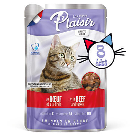 Plaisir 100Gr Pouch Beef and Dinde Sığır Hindi Etli 8Adet Kedi Maması