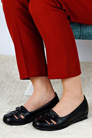 Topuk Dikenine Özel Siyah Yazlık Ortopedik Deri Taban Babet Anne Ayakkabısı