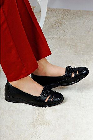 Topuk Dikenine Özel Siyah Yazlık Ortopedik Deri Taban Babet Anne Ayakkabısı