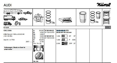 Vag Motor Segmanı Takım (1 Pistonluk) / (76,50mm Std) Golf V Octavıa Eos A3 Jetta III Passat Touran 1,6 - Goetze 68914005g