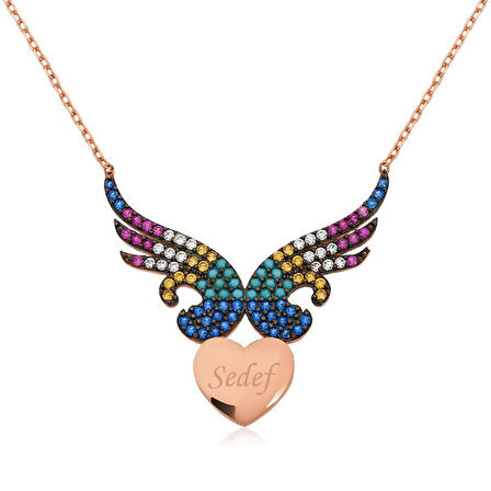 Kişiye Özel İsim Melek Kanadı Kalp  925 Ayar Gümüş Kolye