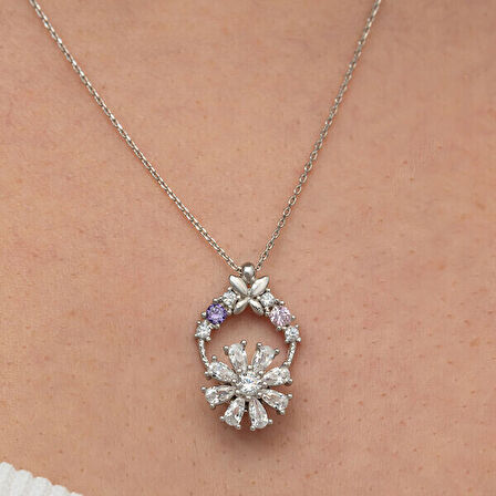 Çiçek Zirkon Taşlı 925 Ayar Gümüş Kadın Kolye