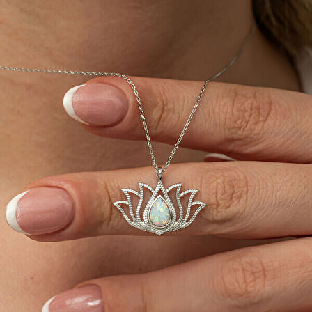 Opal Taşlı Lotus 925 Ayar Gümüş Kadın Kolye