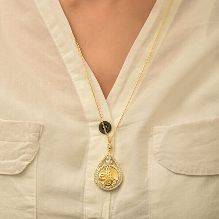 Gold Tuğralı Zirkon Taşlı 925 Ayar Gümüş Kadın Kolye