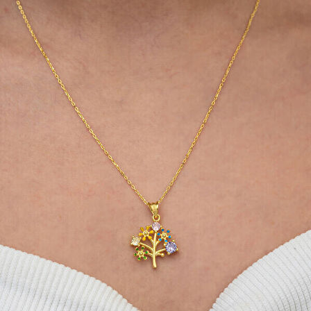Gold Hayatağacı  Zirkon Taşlı 925 Ayar Gümüş Kadın Kolye