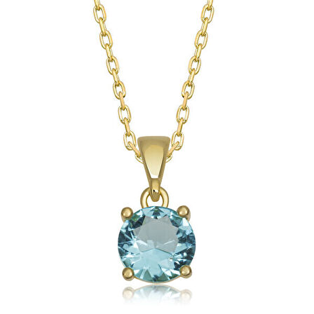 Gold Turkuaz Taşlı Yuvarlak  Zirkon Taşlı 925 Ayar Gümüş Kadın Kolye