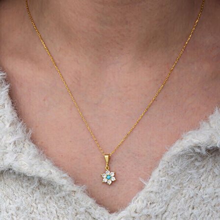 Mavi TaşlıGold Çiçek 925 Ayar Gümüş Kadın Kolye