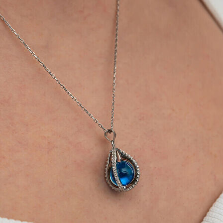 Mavi Zirkon Taşlı Kure 925 Ayar Gümüş Kadın Kolye