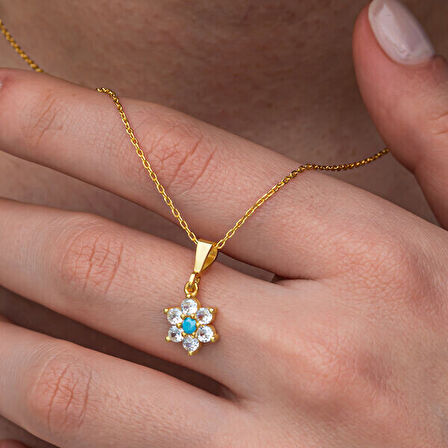 Mavi TaşlıGold Çiçek 925 Ayar Gümüş Kadın Kolye