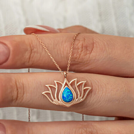Opal  Taşlı Rose Lotus Çiçegi 925 Ayar Gümüş Kadın Kolye
