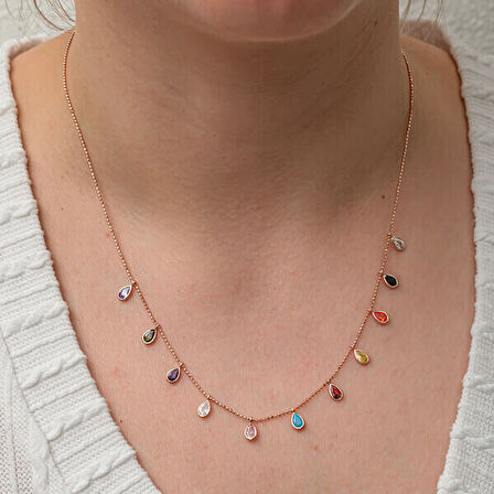 Renkli Damla Taşlı 925 Ayar Gümüş Kadın Kolye