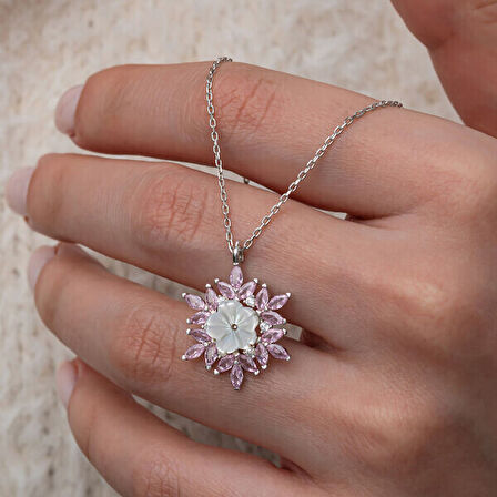 Pembe Zirkon Taşlı Çiçek 925 Ayar Gümüş Kadın Kolye
