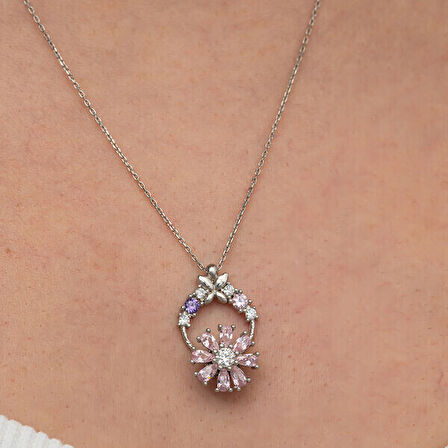 Pembe Dönen Zirkon Taşlı Çiçek 925 Ayar Gümüş Kadın Kolye