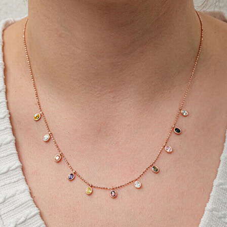 Renkli Oval Taşlı Şans Çiçek 925 Ayar Gümüş Kadın Kolye