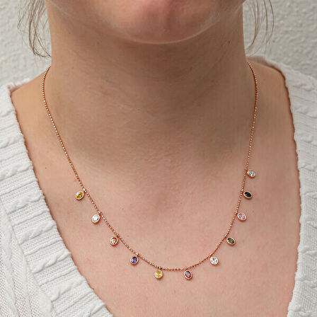 Renkli Oval Taşlı Şans Çiçek 925 Ayar Gümüş Kadın Kolye