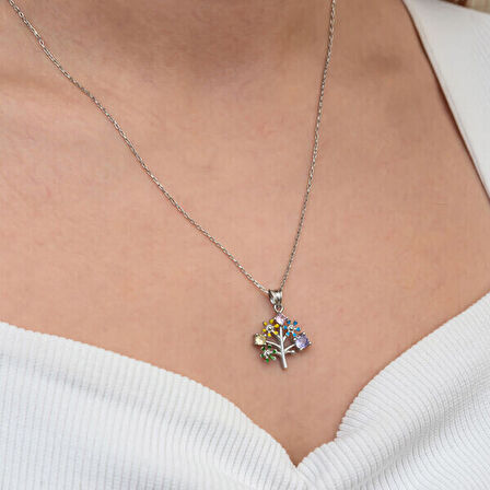 Renkli Hayat Ağacı 925 Ayar Gümüş Kadın Kolye