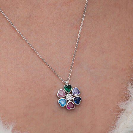 Renkli Kalpli Çiçek 925 Ayar Gümüş Kadın Kolye