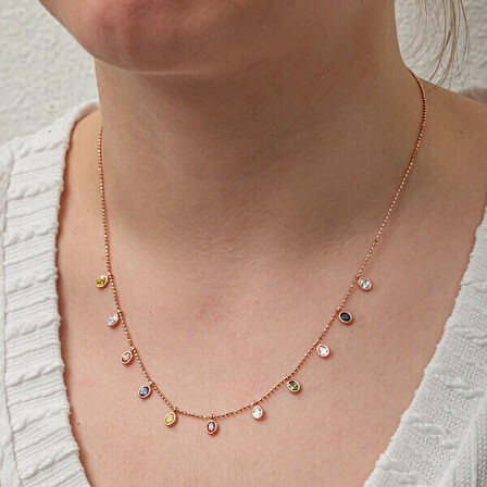 Renkli Oval Taşlı Şans Çiçek 925 Ayar Gümüş Kadın Kolye