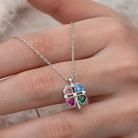 Renkli Taşlı Kalp Figürlü Yonca 925 Ayar Gümüş Kadın Kolye