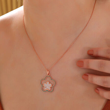 Rose Çiçek Desenli 925 Ayar Gümüş Kadın Kolye