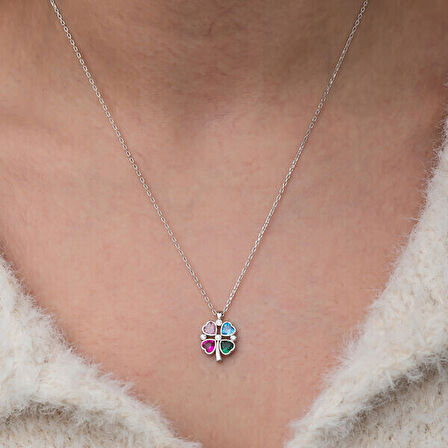 Renkli Taşlı Kalp Figürlü Yonca 925 Ayar Gümüş Kadın Kolye