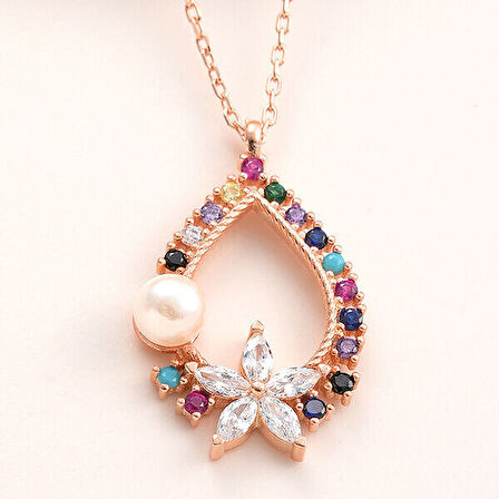 Rose Zirkon Taşlı Çiçek 925 Ayar Gümüş Kadın Kolye