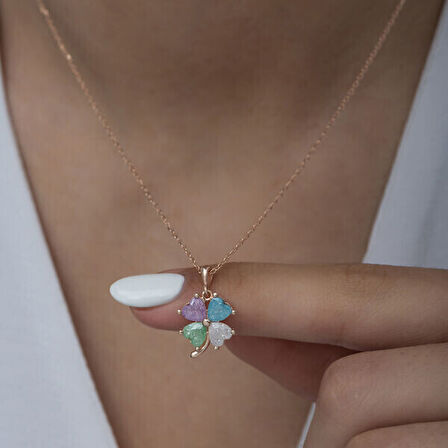 Rose Renkli Kalpli Yonca 925 Ayar Gümüş Kadın Kolye