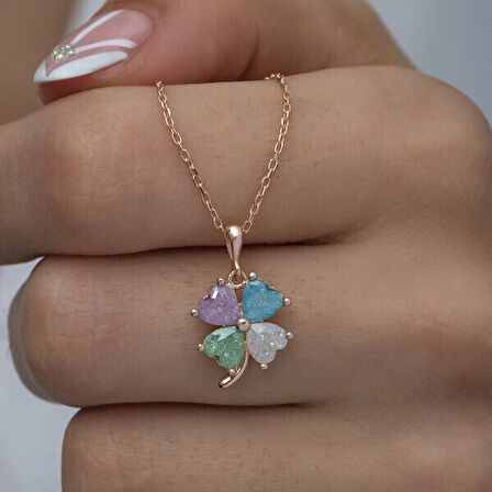 Rose Renkli Kalpli Yonca 925 Ayar Gümüş Kadın Kolye