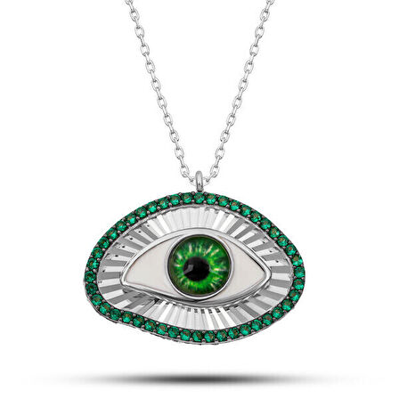 Zirkon Taşlı Zümrüt Göz Koruyucu 925 Ayar Gümüş Kadın Kolye