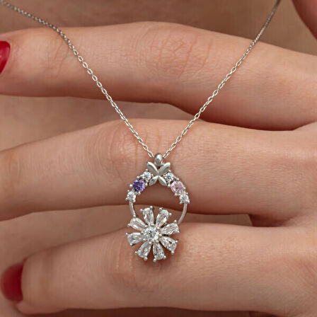 Çiçek Zirkon Taşlı 925 Ayar Gümüş Kadın Kolye