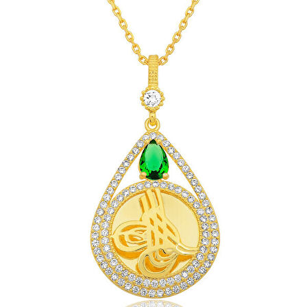 Gold Tuğralı Zirkon Taşlı 925 Ayar Gümüş Kadın Kolye