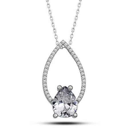 Beyaz Taşlı Damla Zirkon Taşlı 925 Ayar Gümüş Kadın Kolye