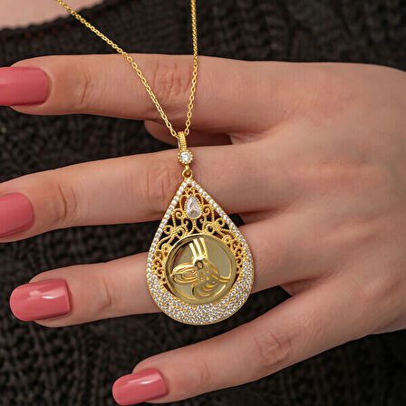 Gold Tuğralı Zirkon Taşlı 925 Ayar Gümüş Kadın Kolye