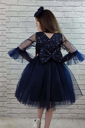 Bükreş Kol Fırfırlı Payetli Kız Çocuk Elbisesi - Payetli Kız Çocuk Abiye