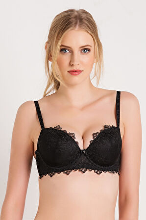 Kadın Siyah Dantelli Çıkma Pedli Göğsü 2 Beden Büyük Gösteren Süngerli Sütyen