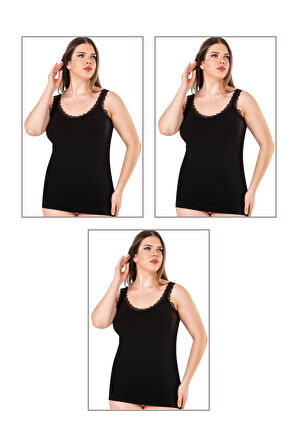 Özkan 26802 3'lü Paket Kadın Pamuklu Yakası Dantel Detaylı Kalın Askılı Esnek Rahat Büyük Beden Atlet