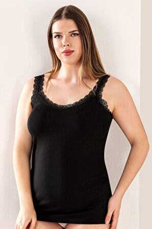 Özkan 26802 6'lı Paket Kadın Pamuklu Yakası Dantel Detaylı Kalın Askılı Esnek Rahat Büyük Beden Atlet