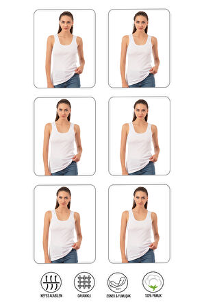 Özkan 0111 6'lı Paket Kadın %100 Pamuklu Ribana Esnek Rahat Biyeli Kalın Askılı Örme Atlet